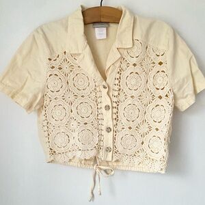 Vintage Crochet Top Women’s Small 100% Cotton Button-Up Blouse